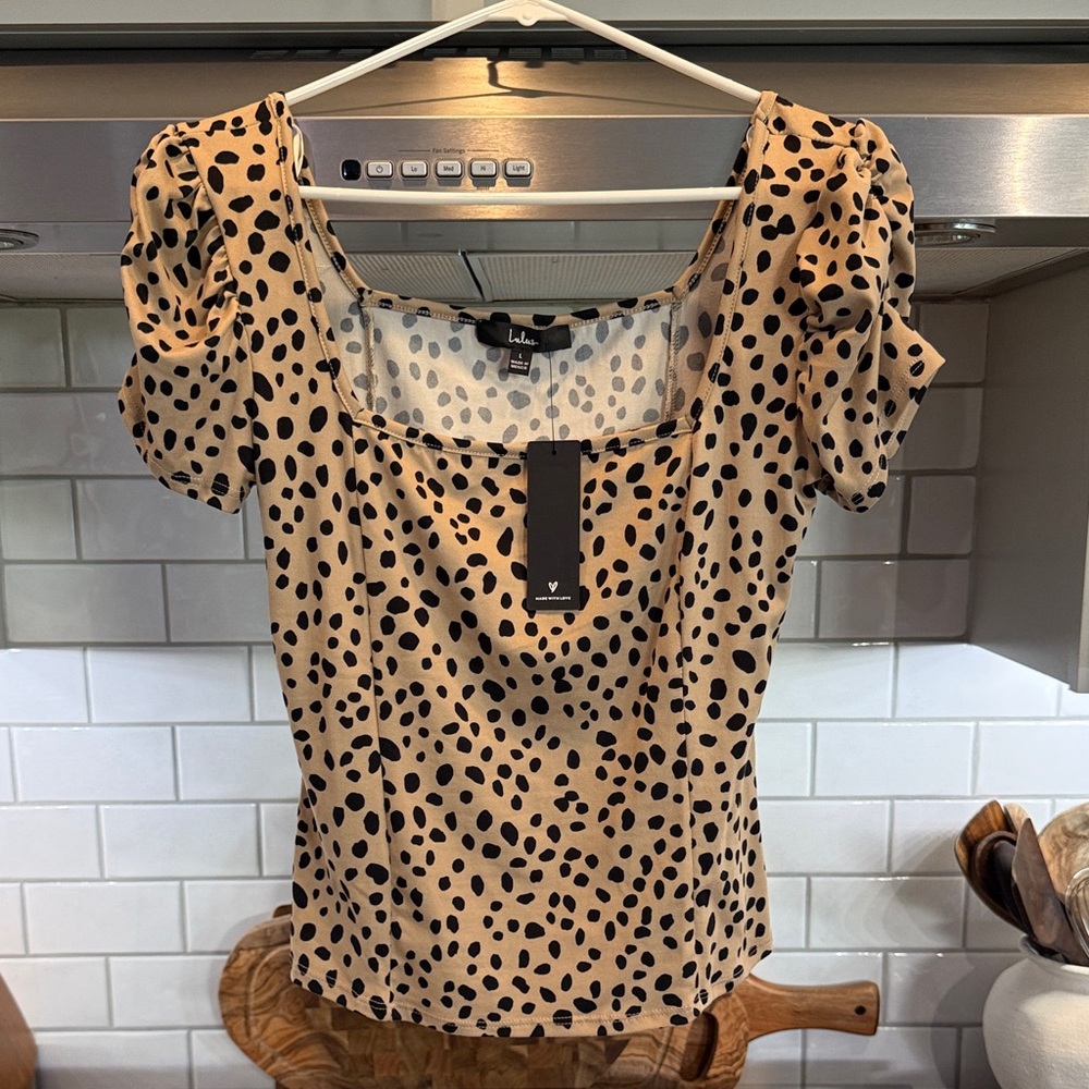 Lulu's Tan and Black Polka Dot Blouse